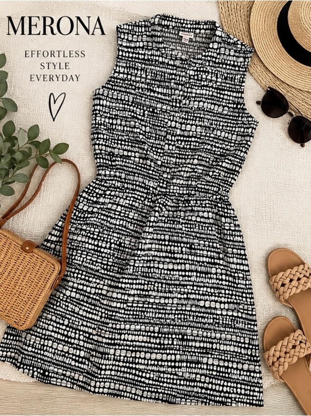 Merona XS Black & White Sleeveless Shirt Dress Elastic Waist and Pockets